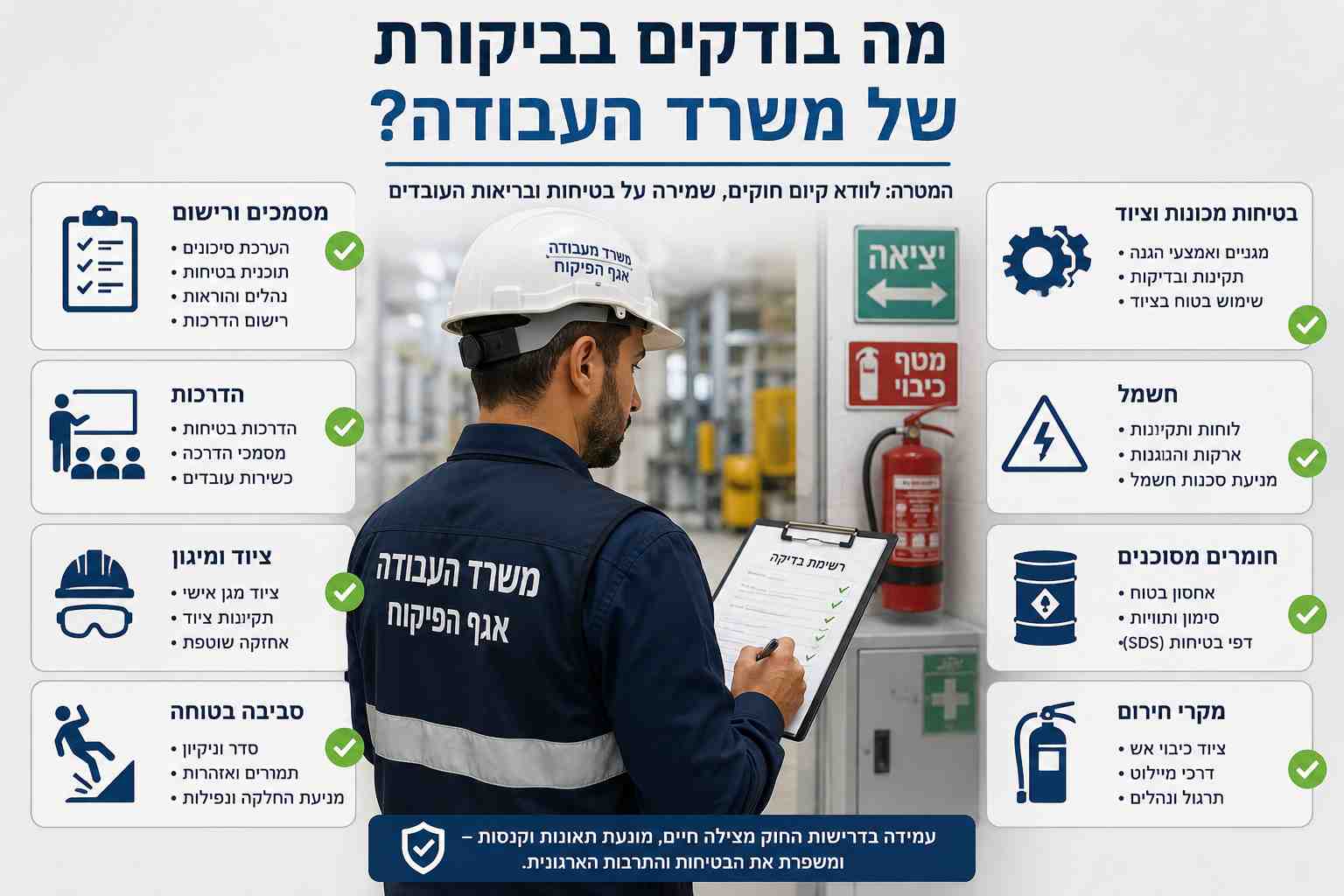 מפקח עבודה מבצע ביקורת בטיחות במקום עבודה — בדיקת מסמכים ונהלים