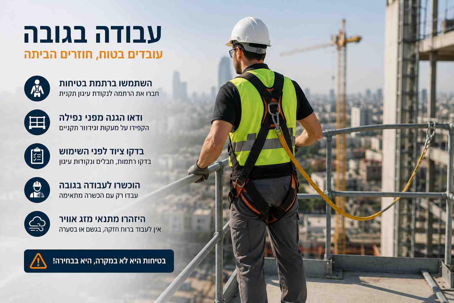 הדרכת עבודה בגובה בשטח — עובד עם רתמת בטיחות וקו חיים