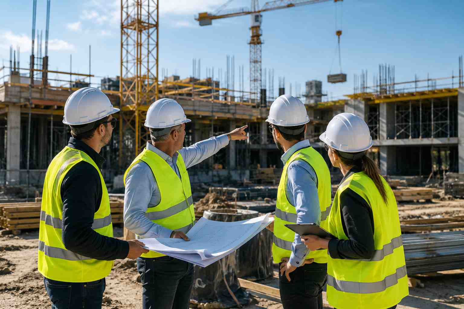 ממונה בטיחות באתר בנייה מלווה צוות עובדים בשטח